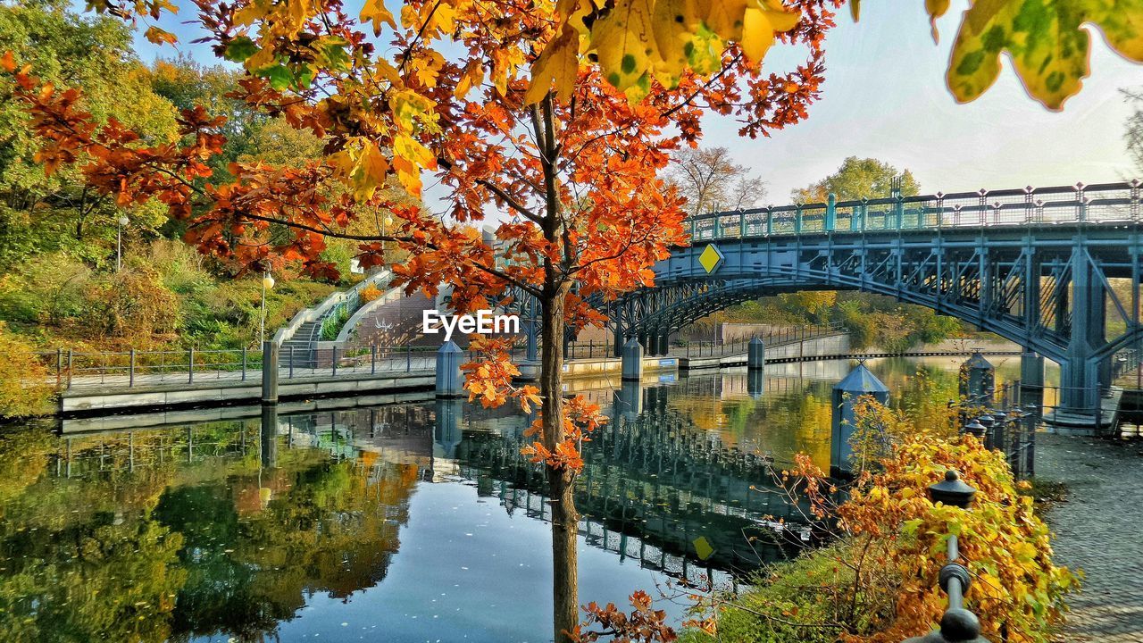 Arch bridge over river during autumn