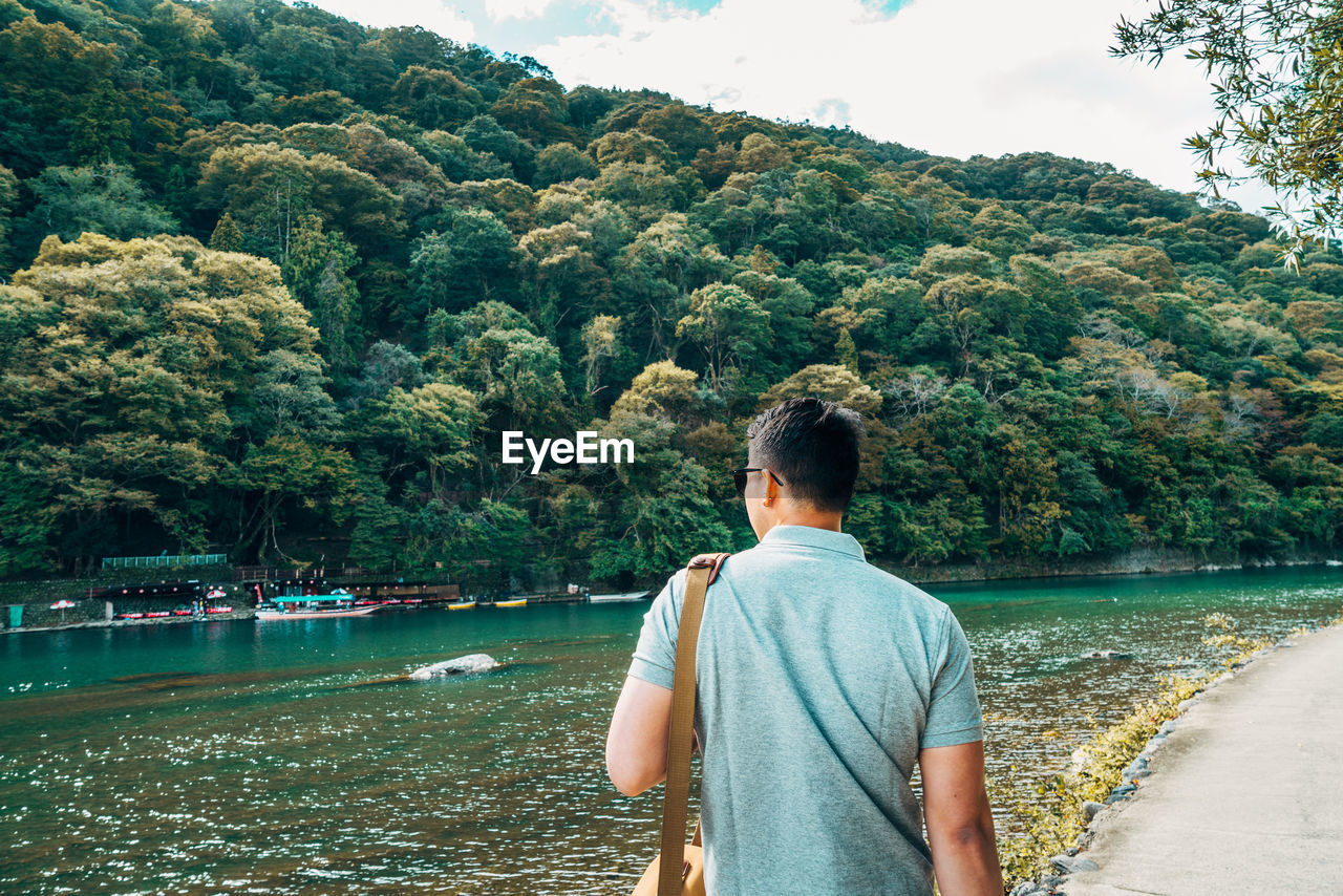 Rear view of man looking at river