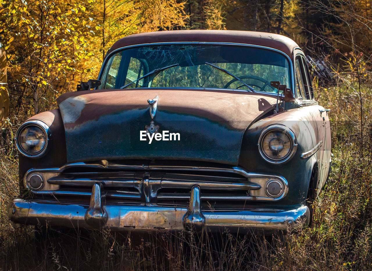 Abandoned vintage car on grassy field