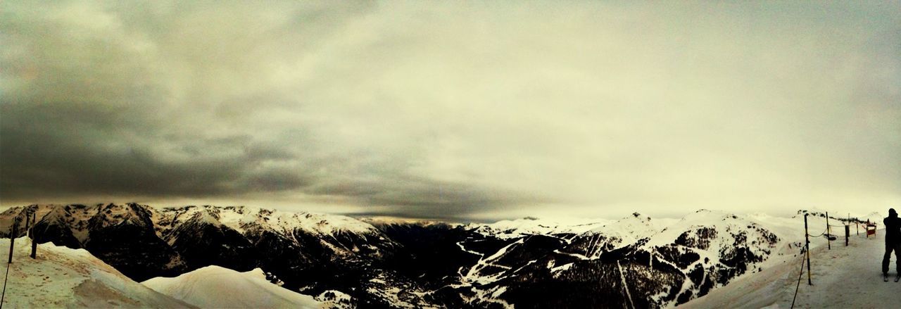 SNOW COVERED MOUNTAIN RANGE AGAINST CLOUDY SKY