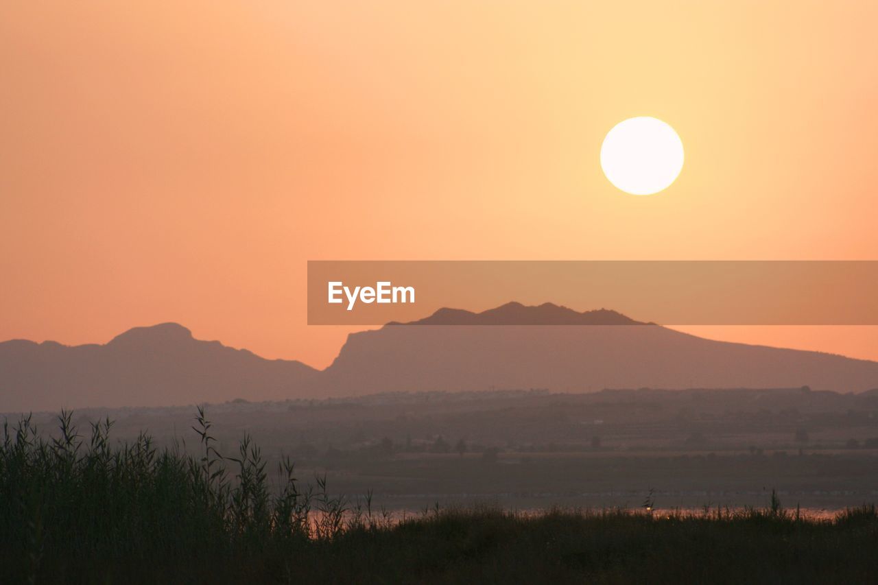 Grass with silhouetted mountains at dusk