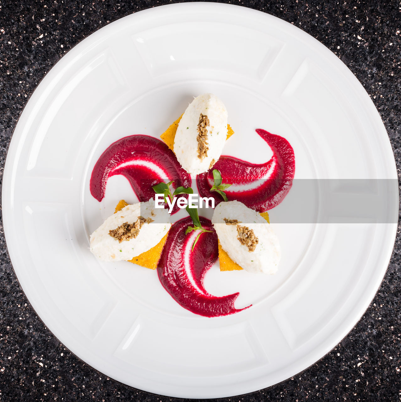 Directly above shot of dessert served on table