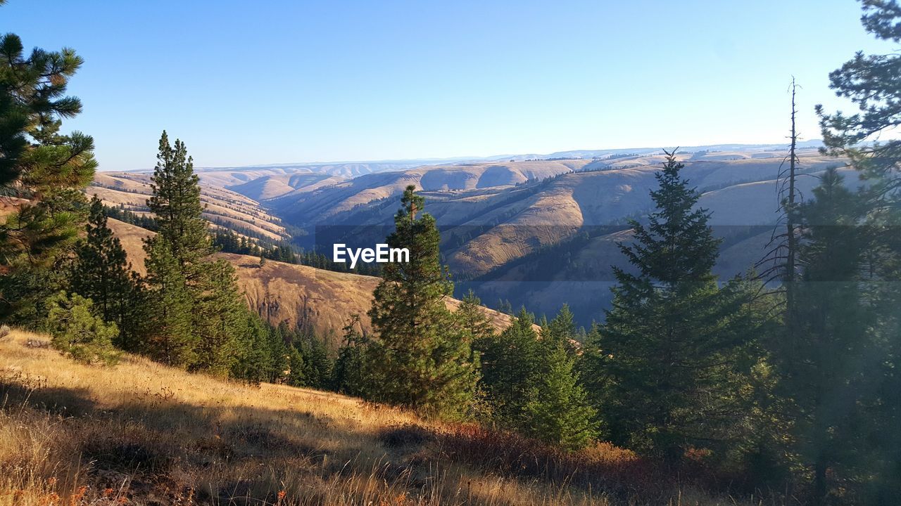 Scenic view of mountains against clear blue sky