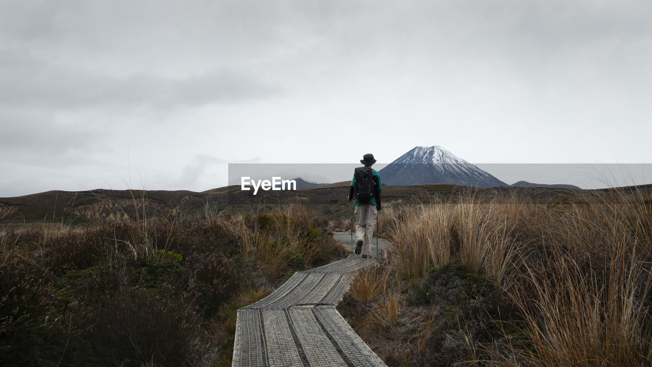 Rear view of man walking on footpath on field against sky