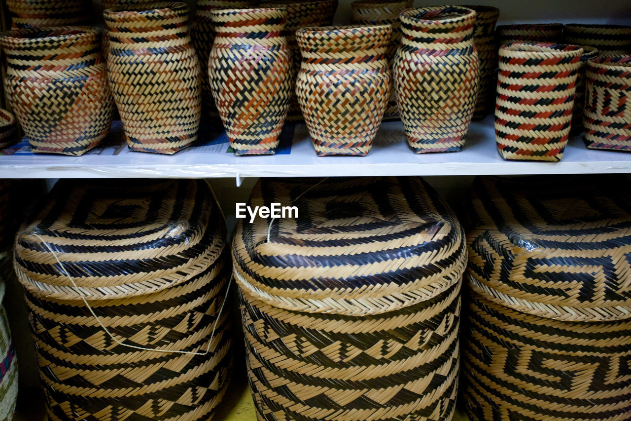 Close-up of baskets for sale at market 
