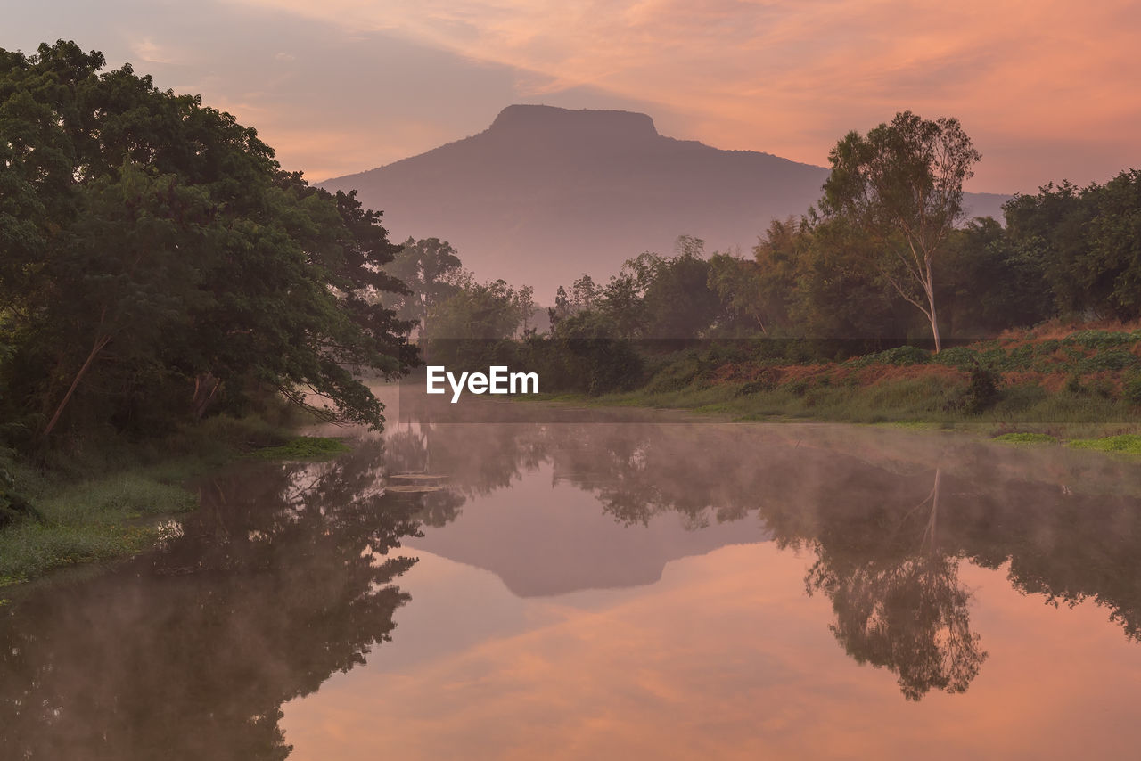 Scenic view of lake by trees against sky