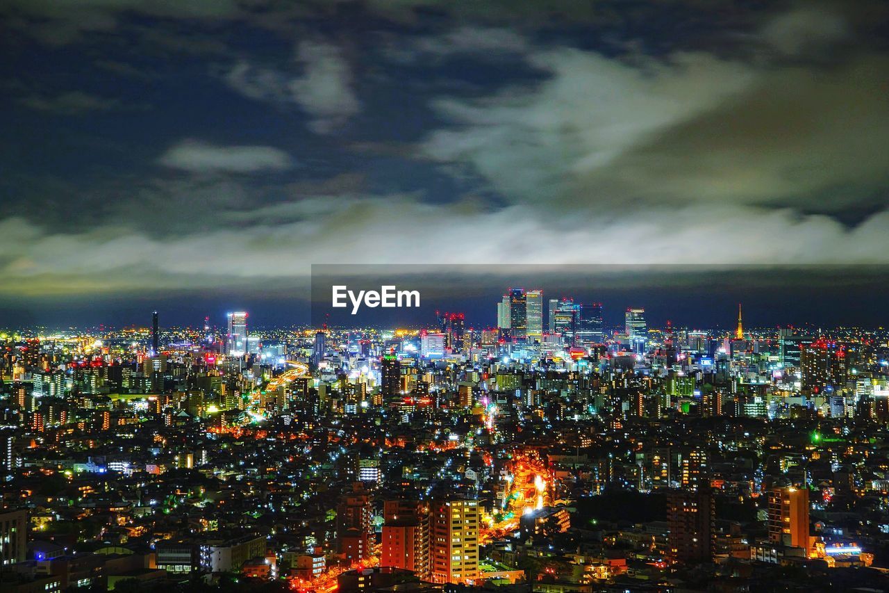 High angle view of illuminated buildings at night
