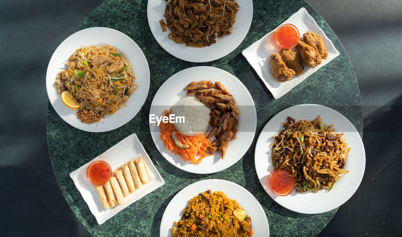 High angle view of food served on table