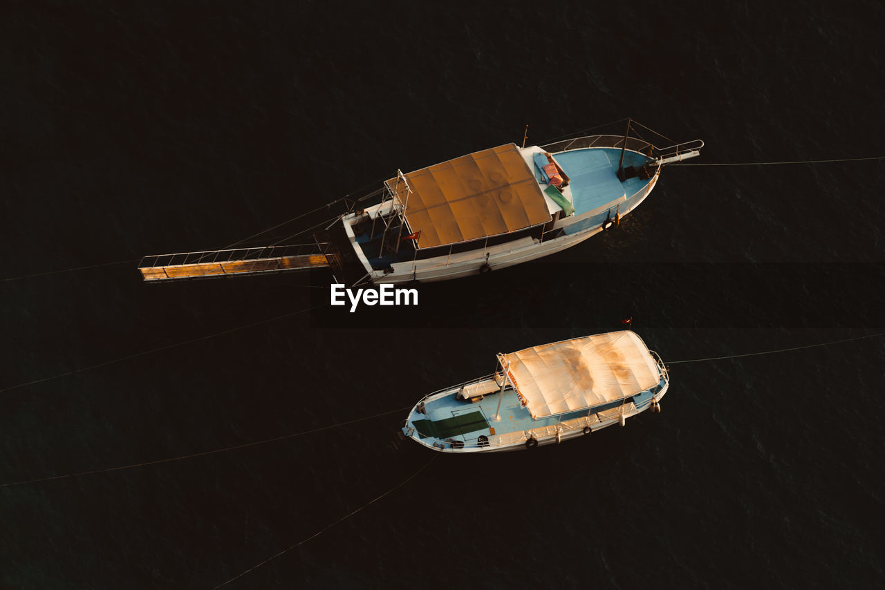 High angle view of boats moored in sea