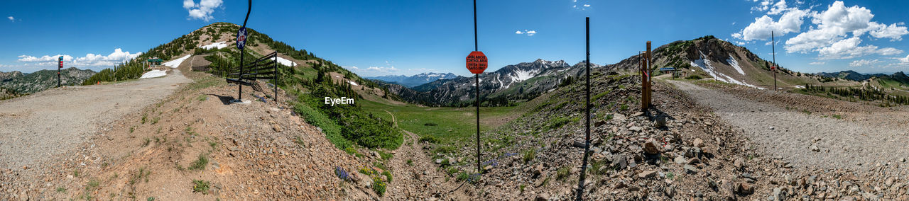 Looking towards Mineral Basin including Sugarloaf Mountain and Twin Peaks (American Fork) Alta Snowbird Avalanche Gate Utah Salt Lake City Mount Timpanogos Twin Peaks American Fork Summertime Clouds And Sky Tram Hidden Peak Sugarloaf Little Cottonwood Canyon American Fork Canyon SnowField Alta Ski Resort Snowbird Ski Resort Wasatch Front Mineral Basin Mining Gravel Road Panorama No People Wilderness Adventure Watershed Skiing Ski Resort  Timpanogos