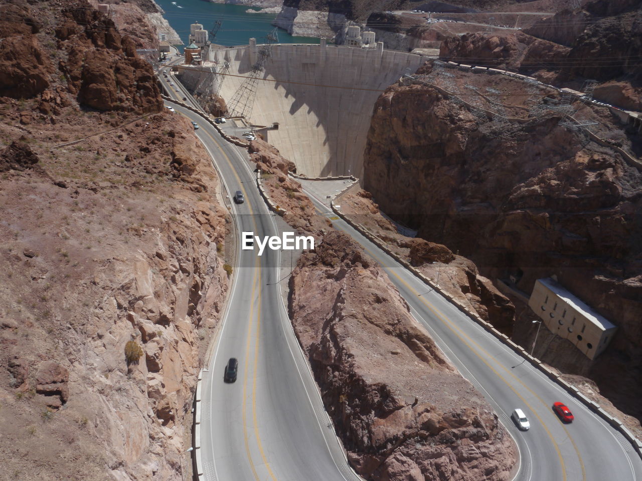 High angle view of road leading towards hoover dam on colorado river