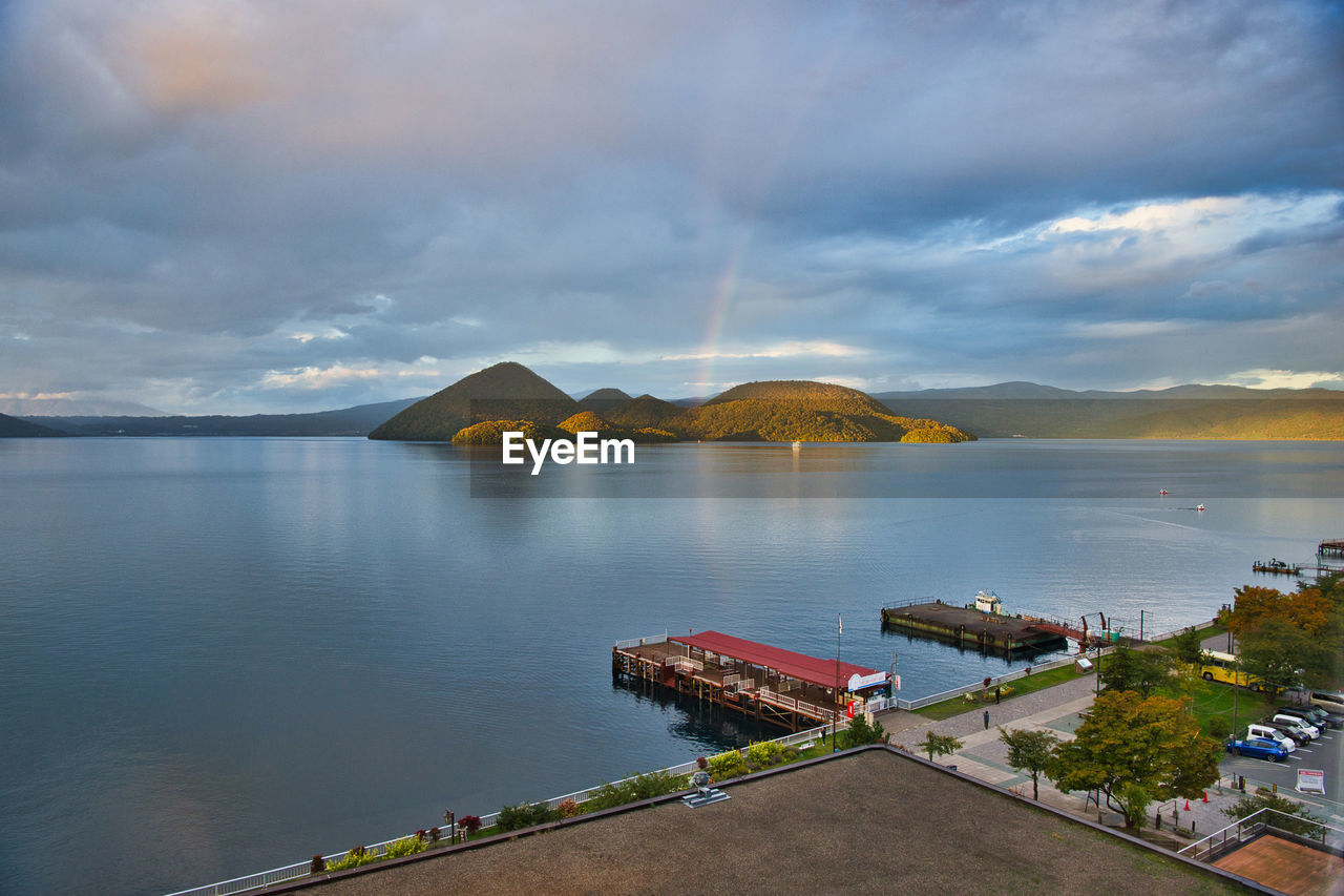 SCENIC VIEW OF LAKE AGAINST RAINBOW IN SKY