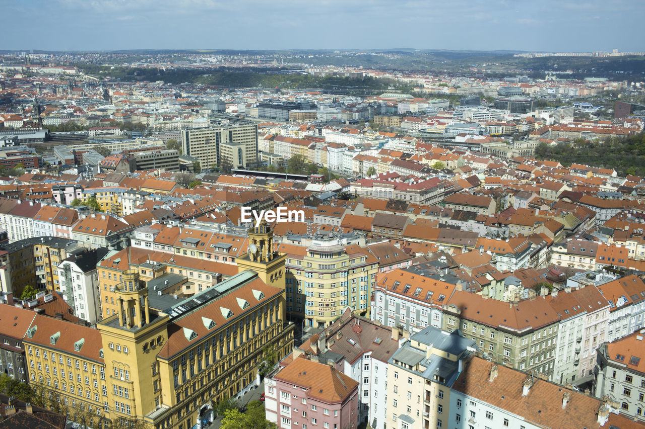 High angle view of prague from zizkov tower. 