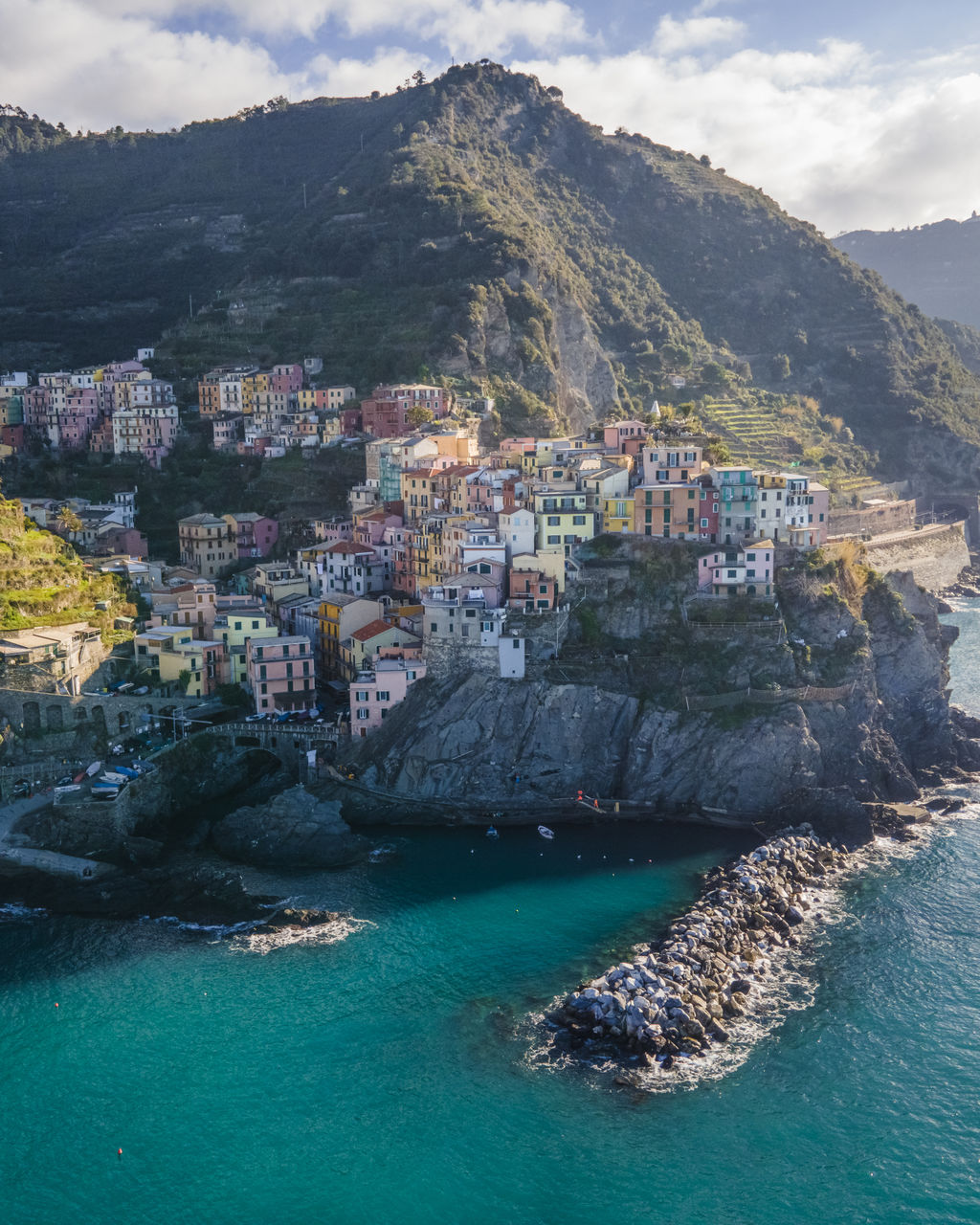 Aerial view of manarola, a beautiful travel destination along the coast of cinque terre,