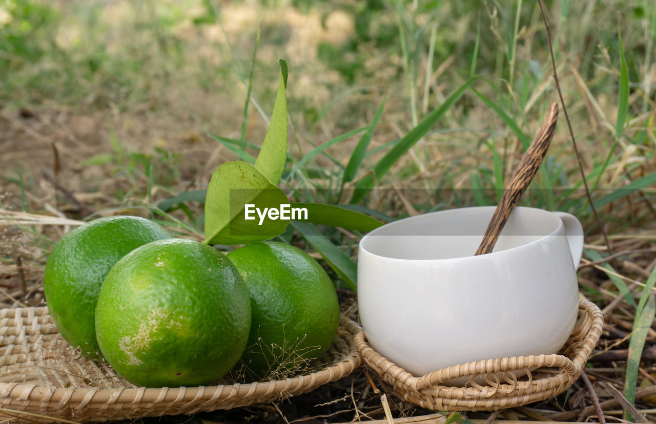 CLOSE-UP OF FRESH FRUITS IN BASKET WITH WICKER