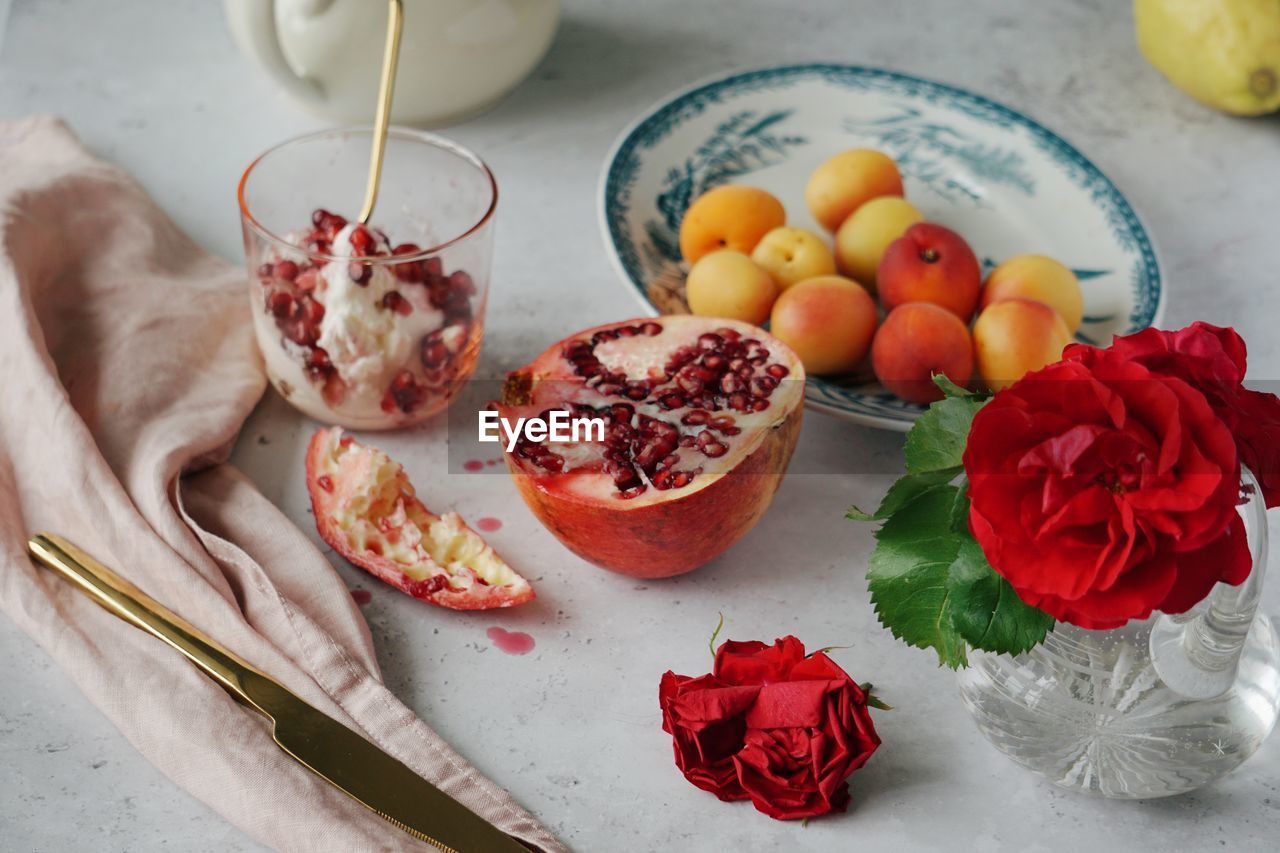 High angle view of fruits on table