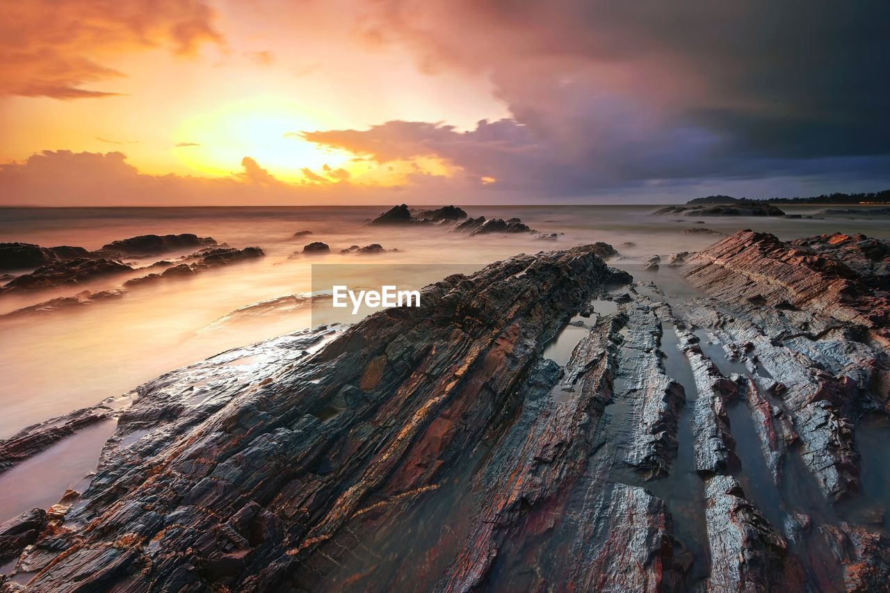 Panoramic view of beach against sky during sunset