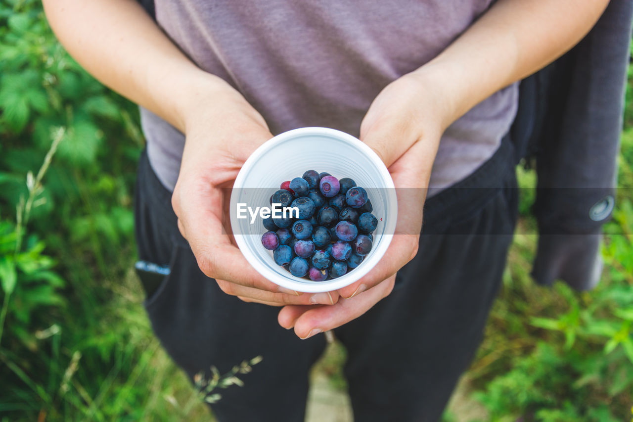 Midsection of person holding blueberries outdoors