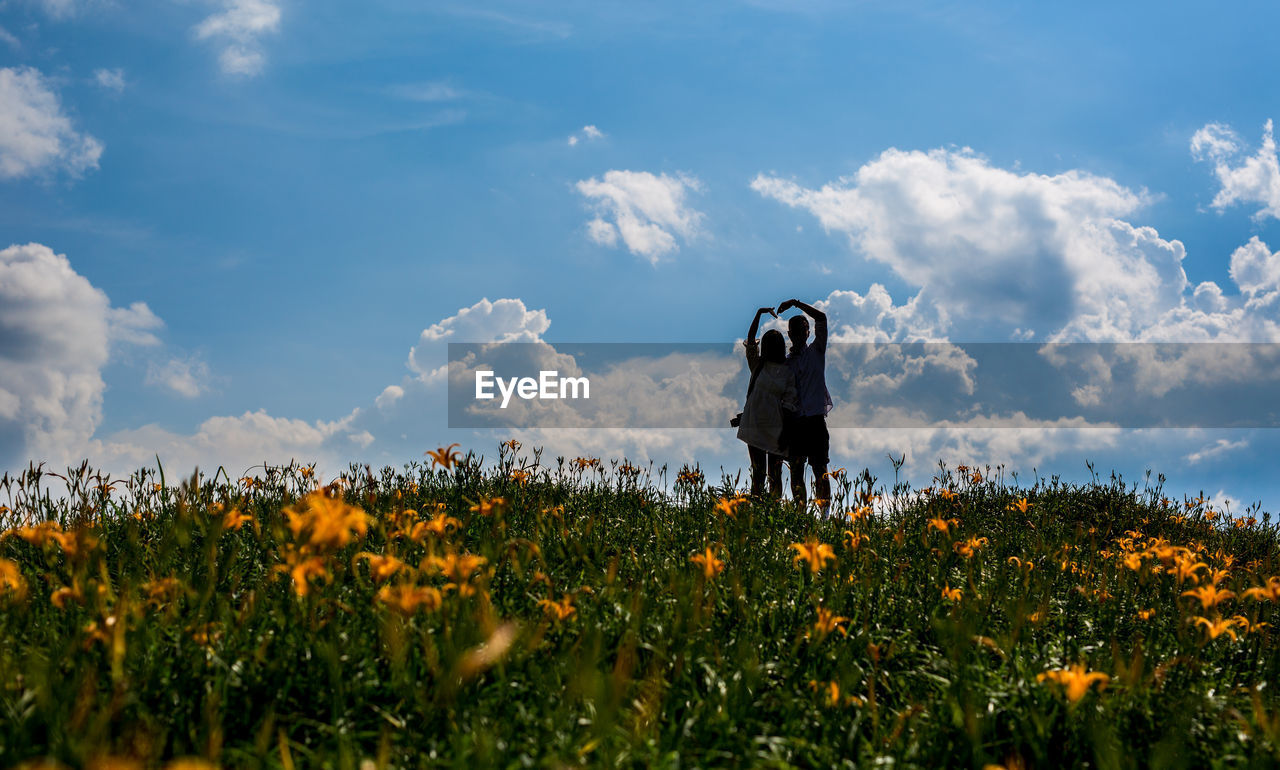 Silhouette couple standing on land against sky during sunny day