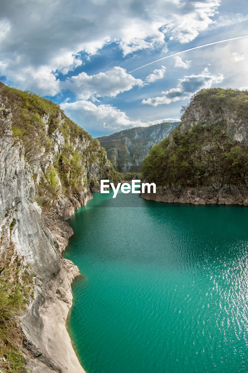 Tara river in the gorge of the balkan mountains. steep shores and unusual  color of the water.