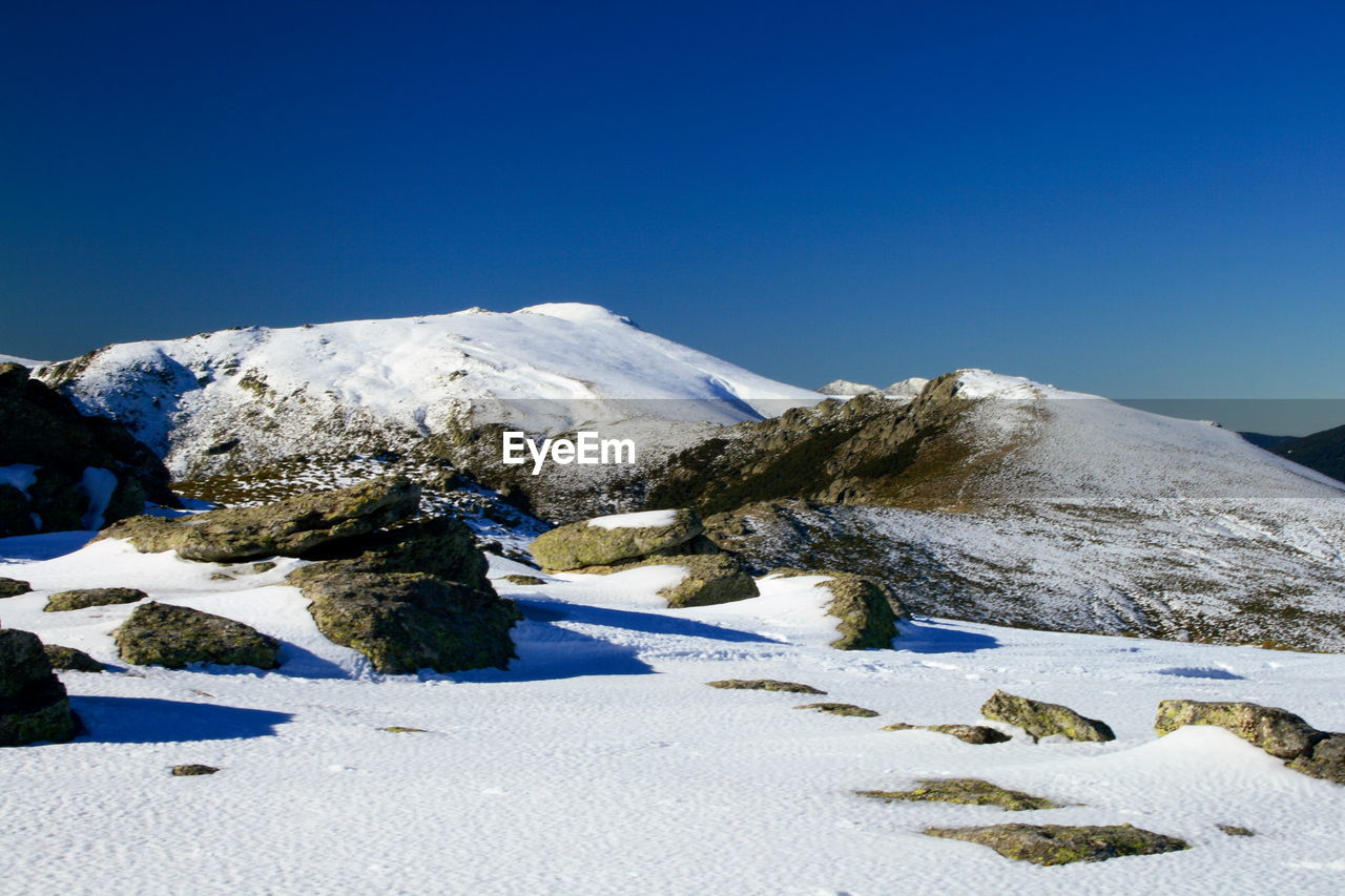 Scenic view of snowcapped mountains against clear blue sky