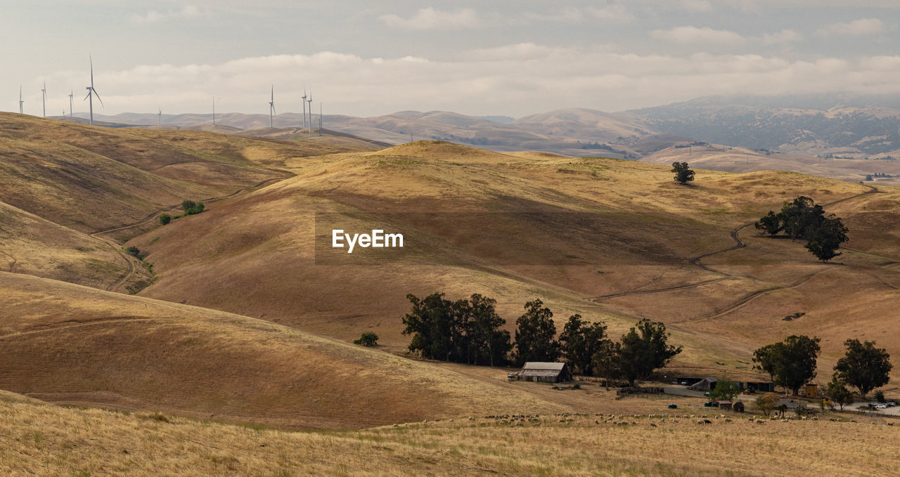 Dry rolling terrain, old ranch area with wind turbines on the hilltops.