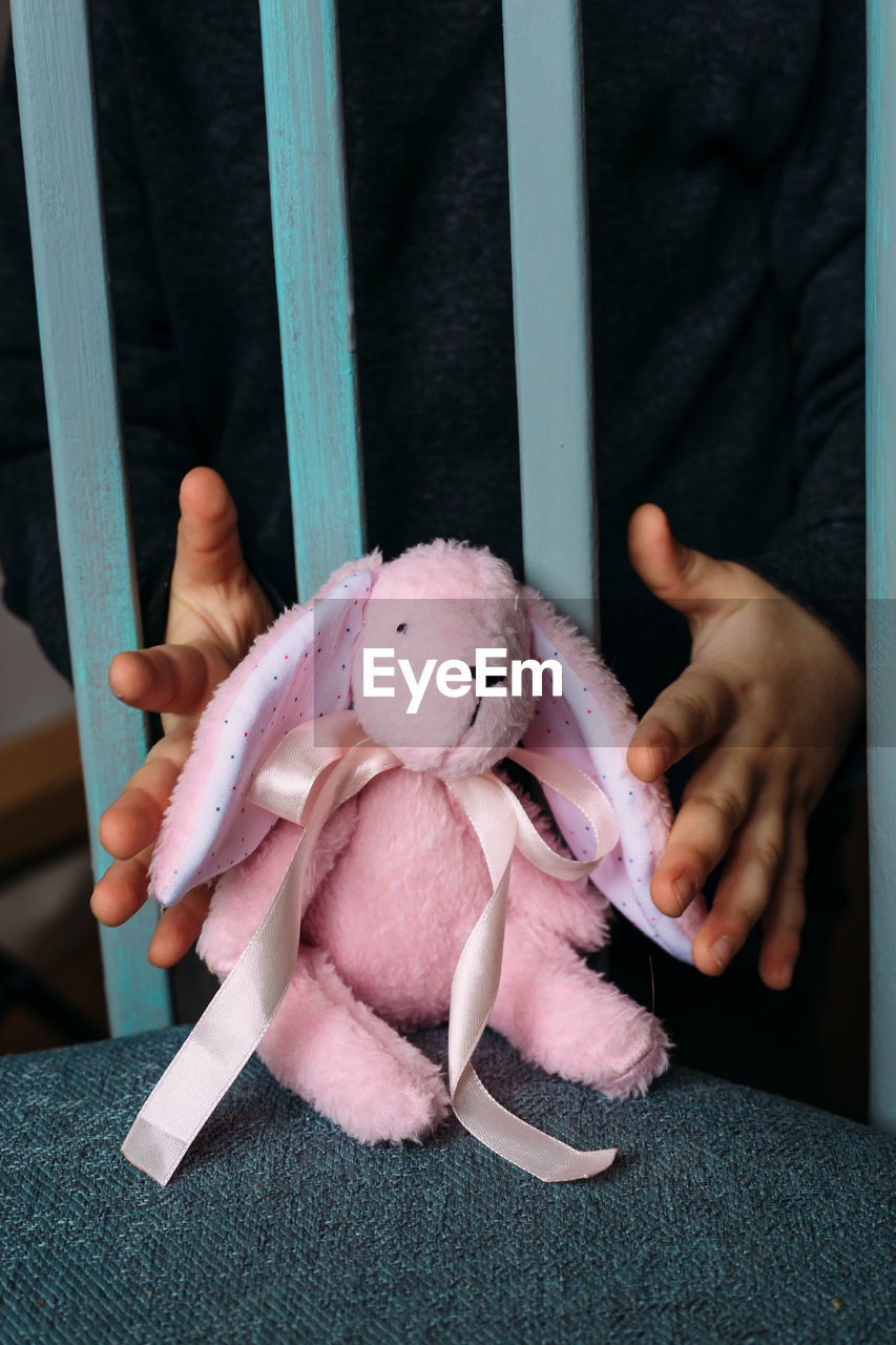 Children's hands are holding a small soft rabbit toy. social advertisement.