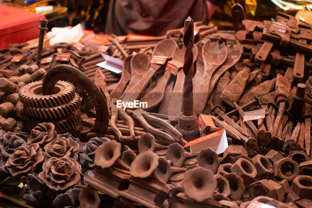 HIGH ANGLE VIEW OF CHOCOLATE FOR SALE AT MARKET