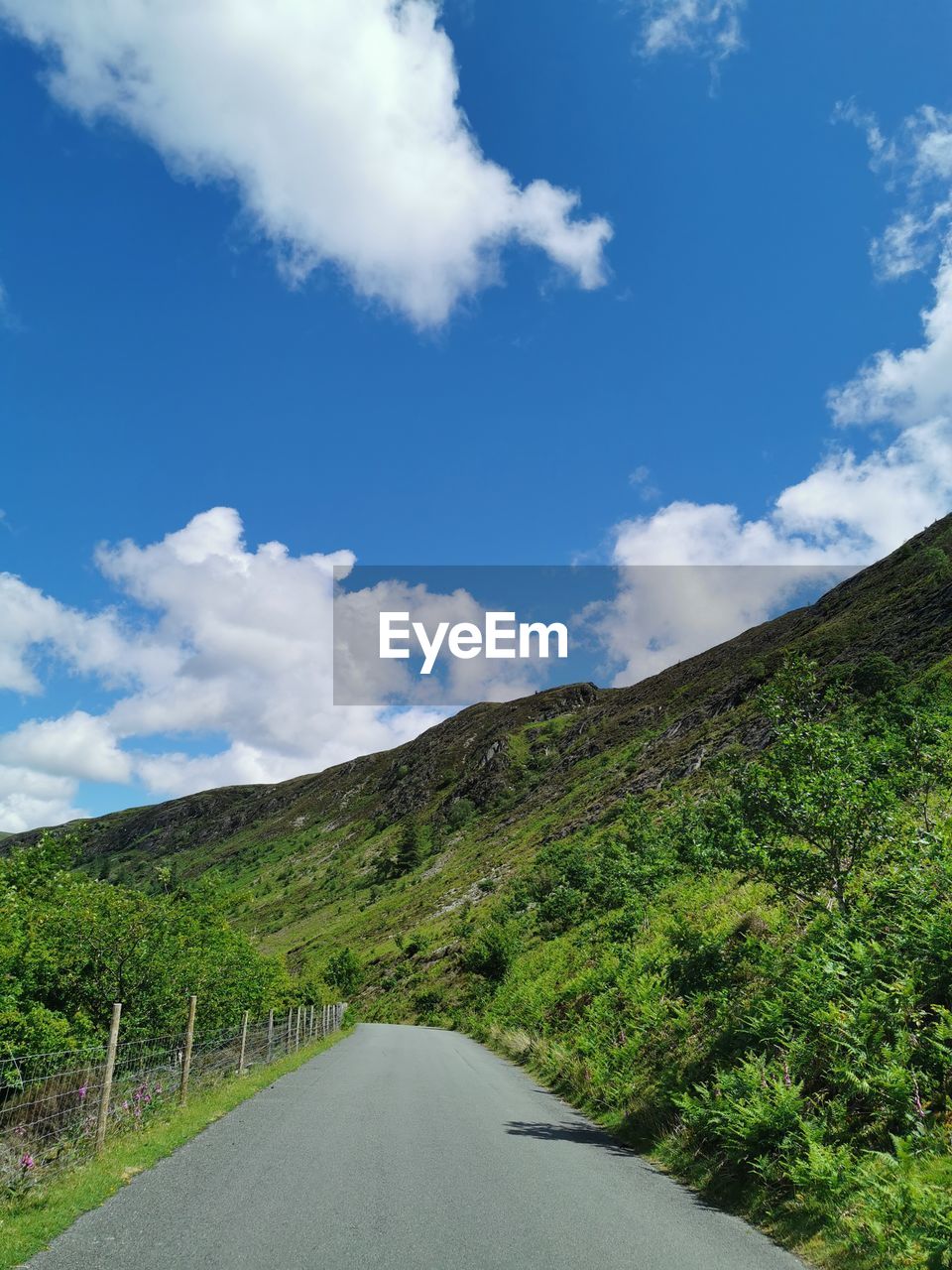 Road amidst green landscape against blue sky