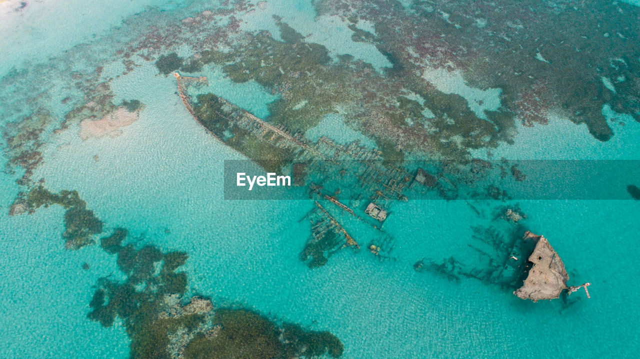 water, sea, reef, high angle view, nature, day, turquoise colored, marine biology, underwater, coral reef, outdoors, ocean, undersea, beauty in nature, aerial view, transportation, no people, nautical vessel, swimming, blue
