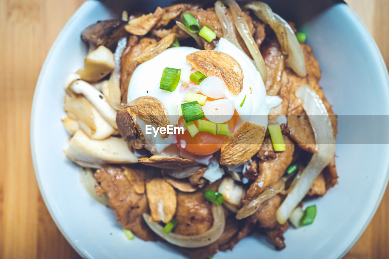 HIGH ANGLE VIEW OF FOOD IN PLATE