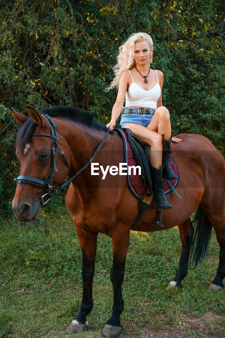 Portrait of young woman riding horse on field