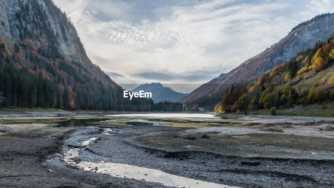 Scenic view of lake and mountains against sky