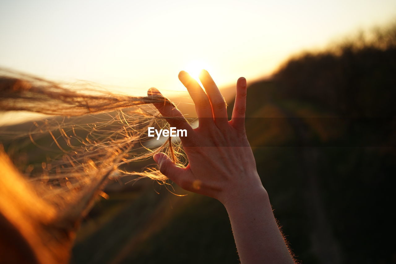 Cropped hand with tousled hair during sunset