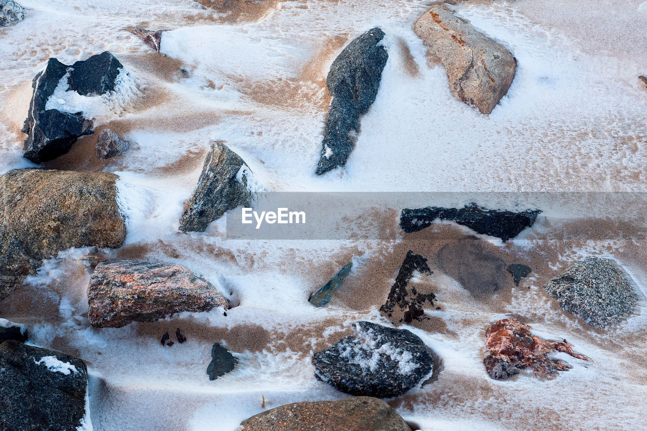 The sea wind has blown snow over the sand and rocks on a beach in the rural finland.