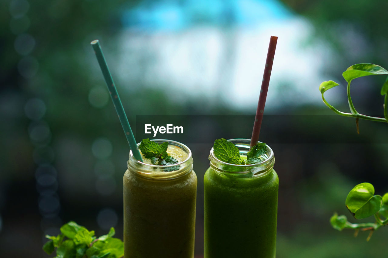 Close-up of drink in mason jars