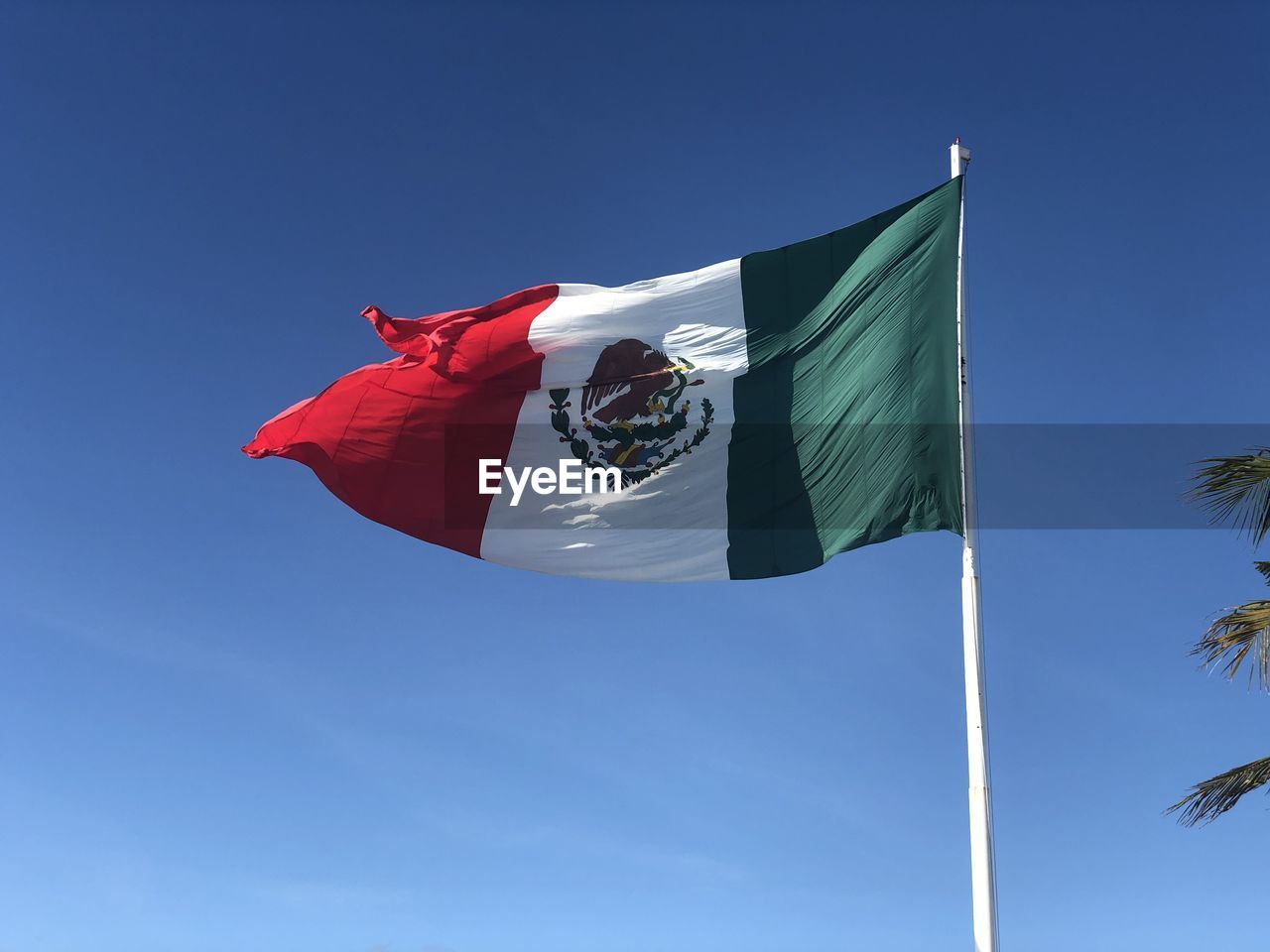 LOW ANGLE VIEW OF FLAG FLAGS AGAINST CLEAR BLUE SKY