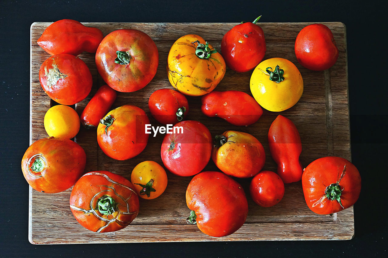 High angle view of bio tomatoes on table