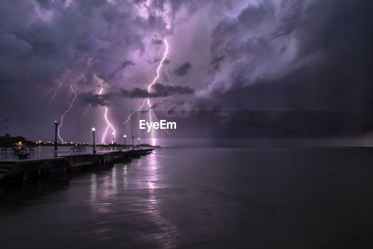 PANORAMIC VIEW OF LIGHTNING OVER SEA AGAINST STORM