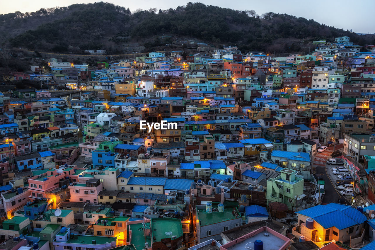 High angle view of townscape against sky