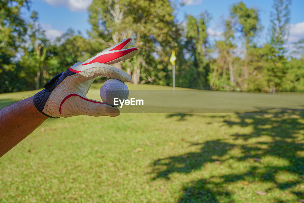 Hand hold golf ball with tee on course