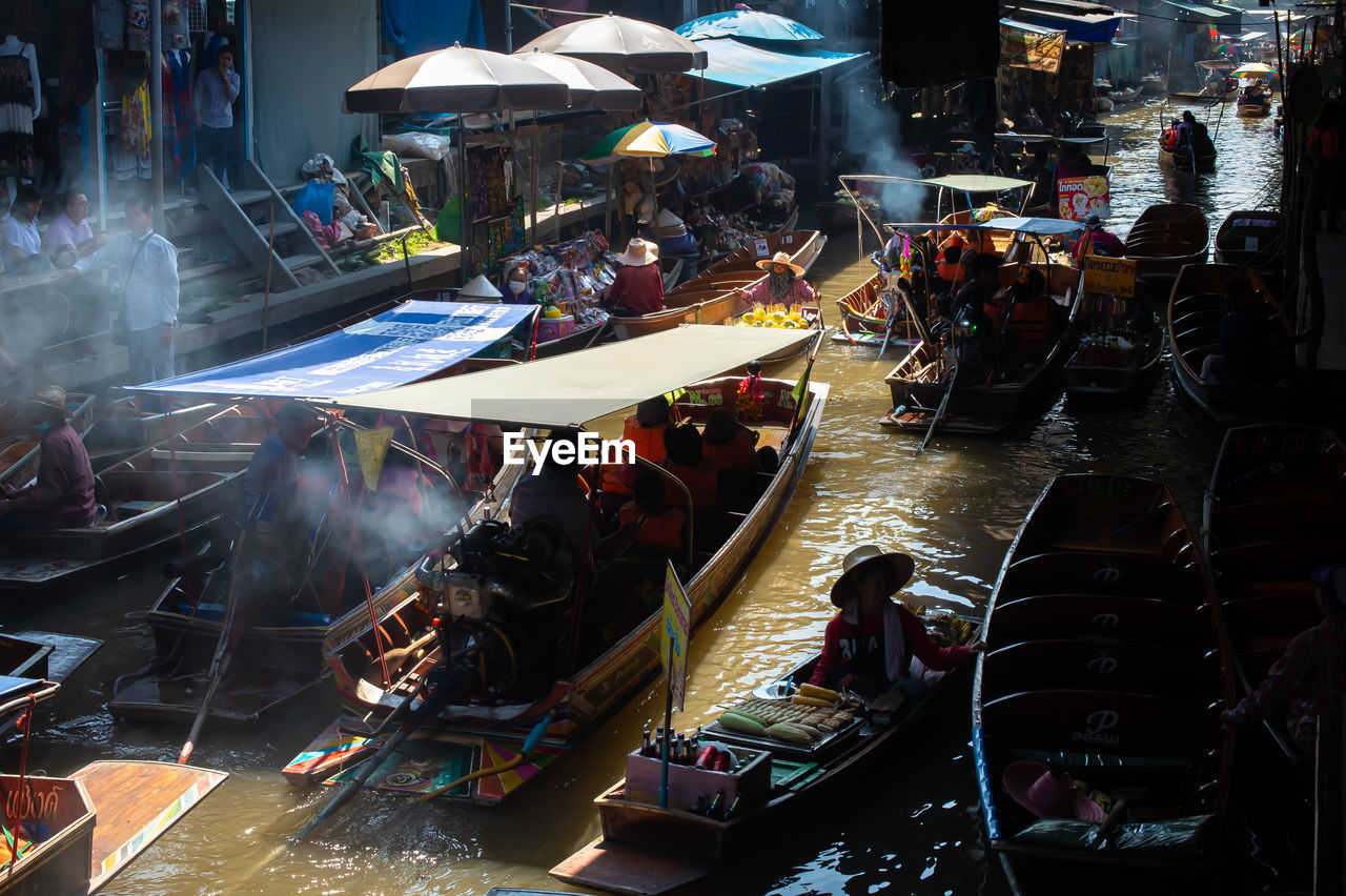 High angle view of people at floating market 