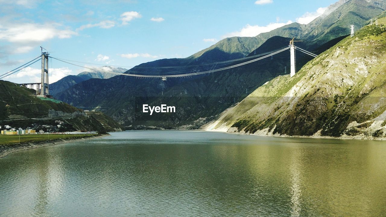 Scenic view of river amidst mountains against sky