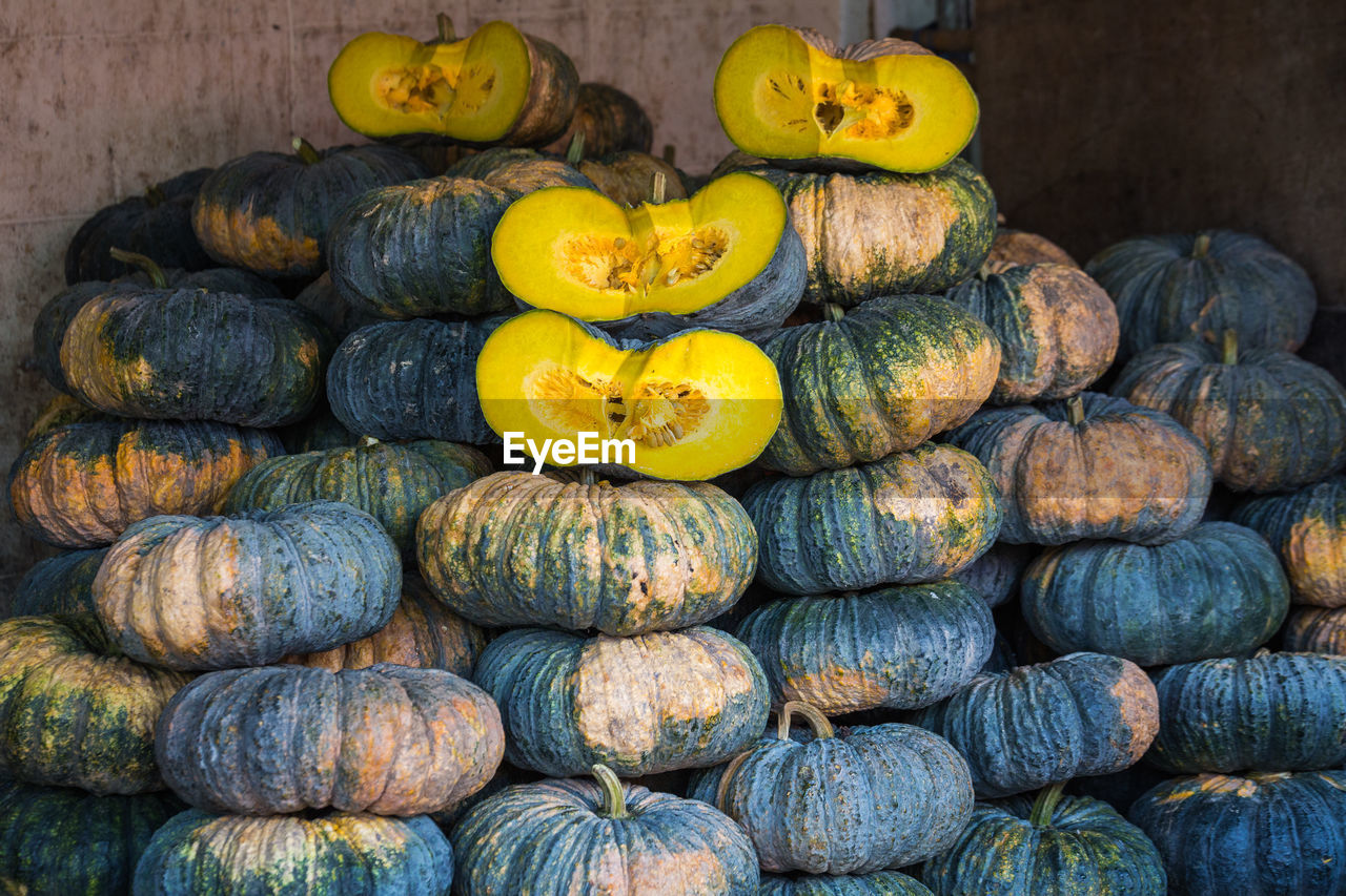 CLOSE-UP OF PUMPKINS FOR SALE AT MARKET