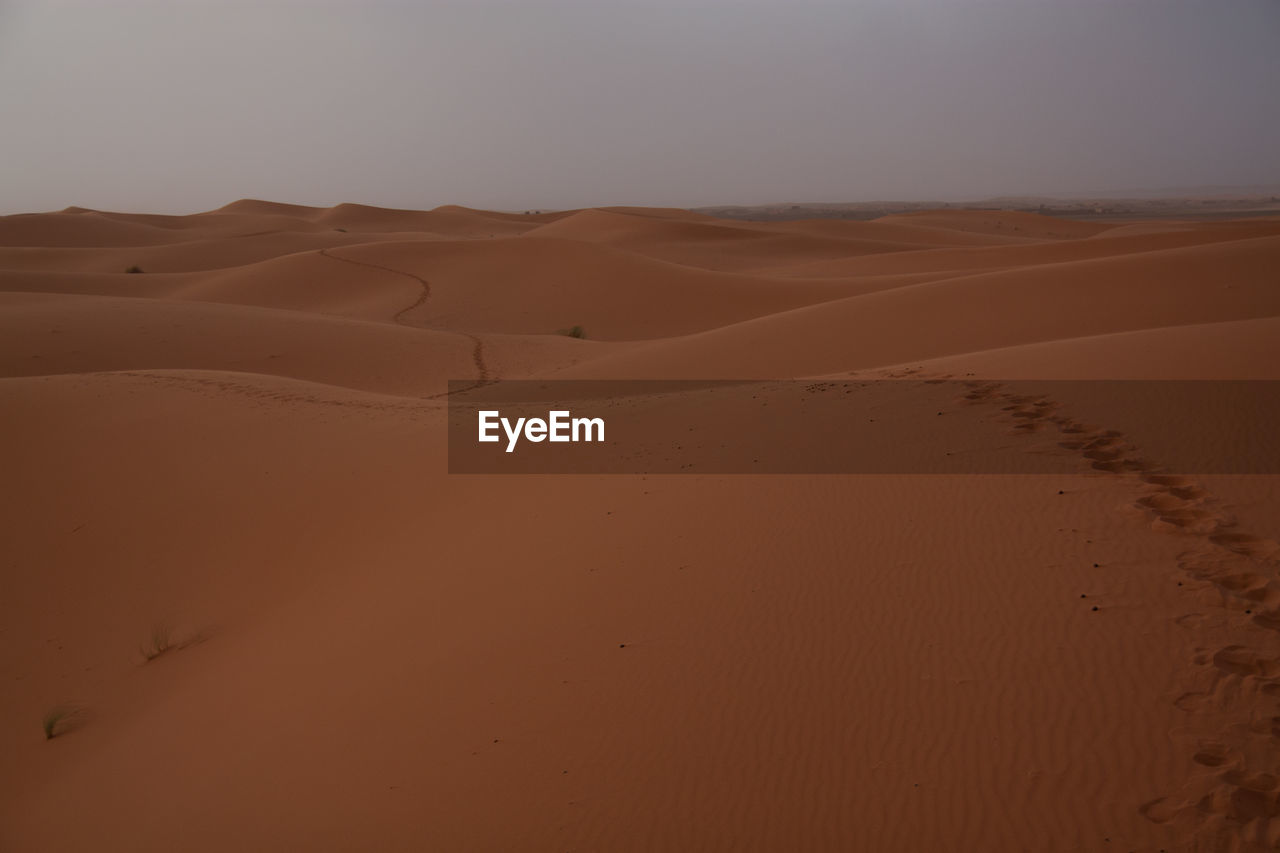 Footprints in desert against clear sky