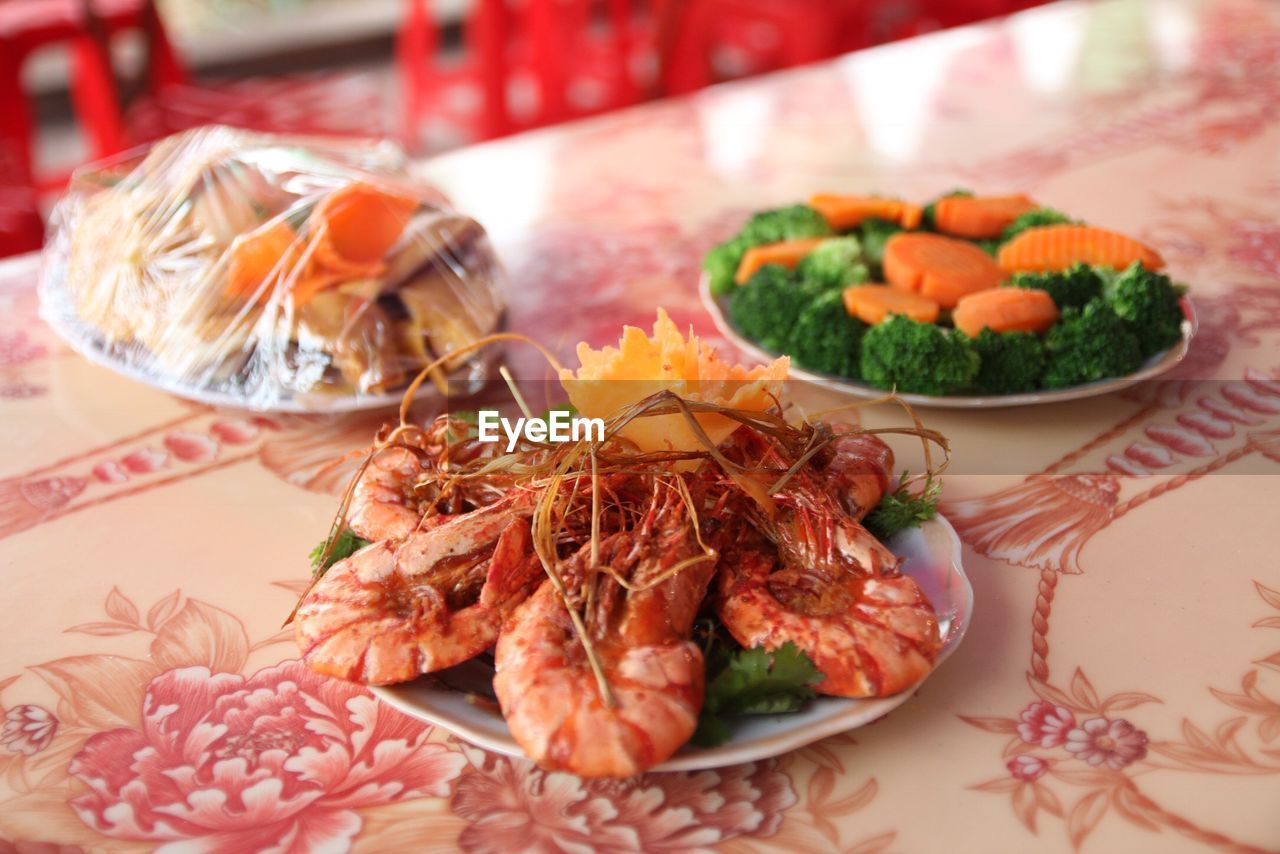 Close-up of seafood in plate on table