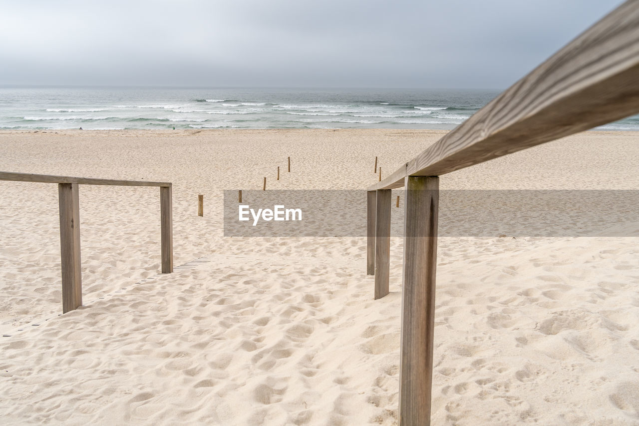 Wooden railings on the sand directing you to the beach on a cloudy day in costa nova, portugal.