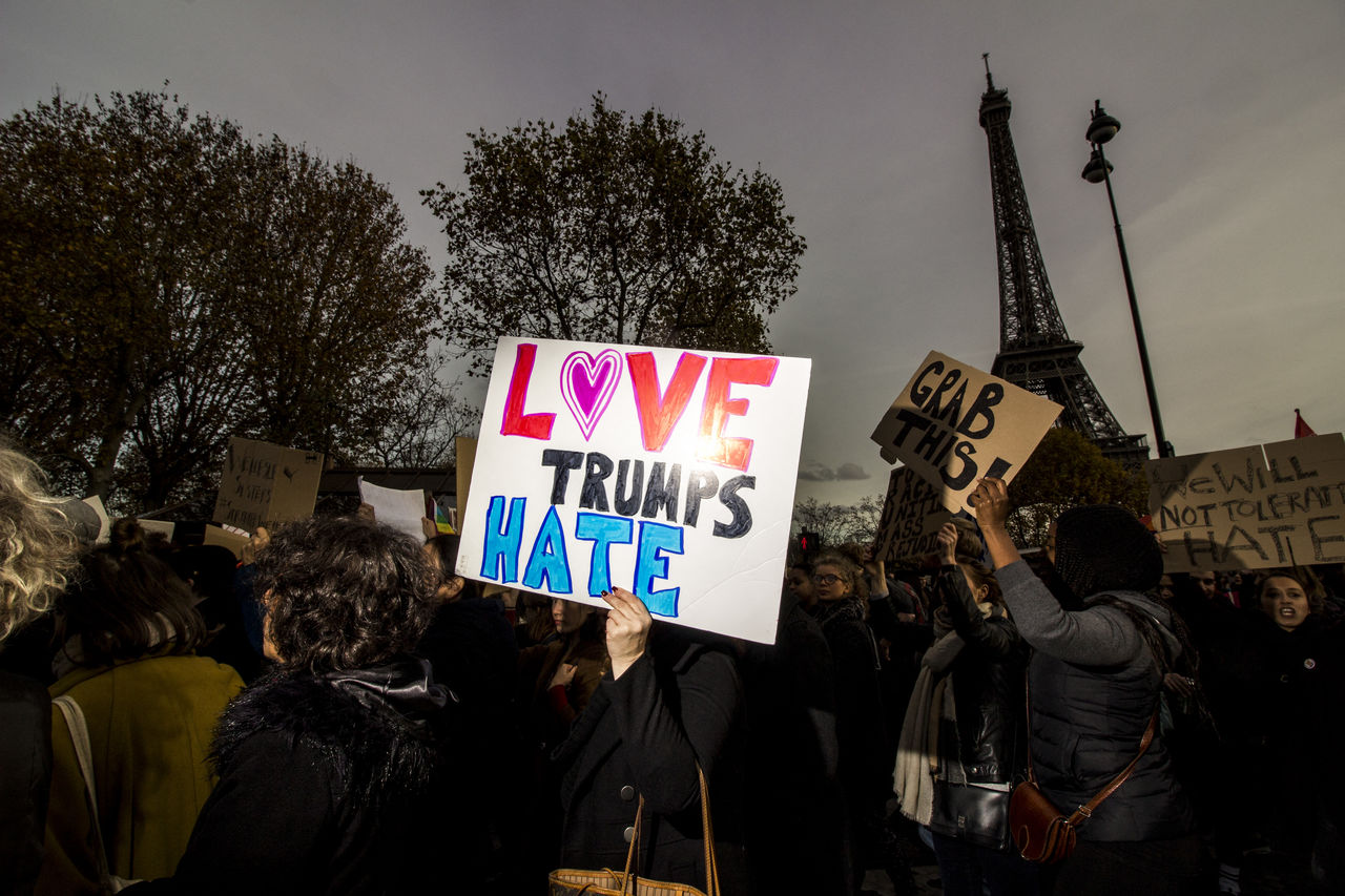 protest, crowd, protestor, text, communication, social issues, group of people, politics, education, law, western script, person, sky, sign, adult, tree, clothing, nature, government