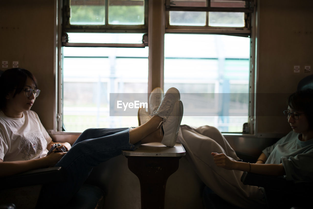 Young women relaxing while traveling in train