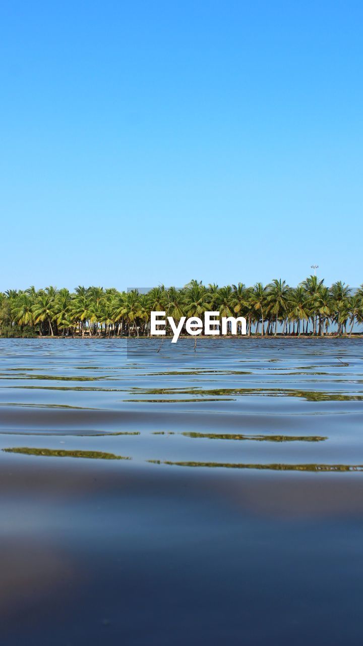 Surface level of water against clear blue sky